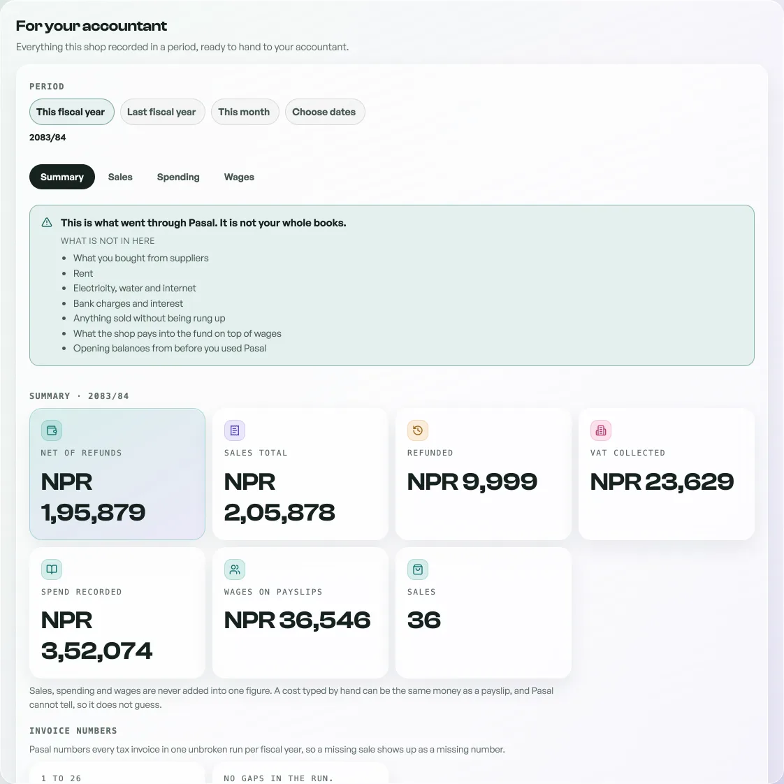 For your accountant: the period picker, four panes, the warning block and the summary tiles