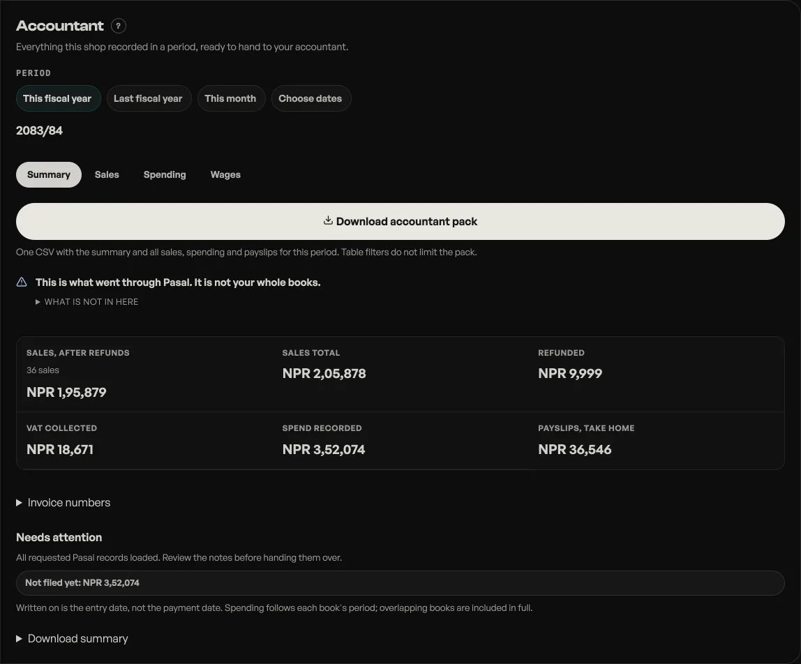 For your accountant: the period picker, money rows, the invoice line and Download summary
