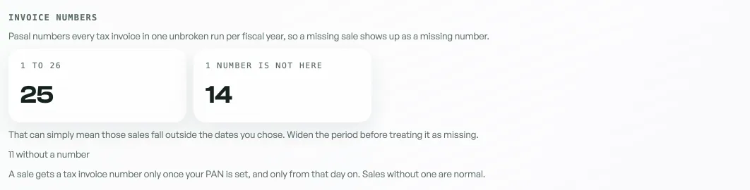 The invoice number check, showing the range, how many numbers are present, and how many are not
