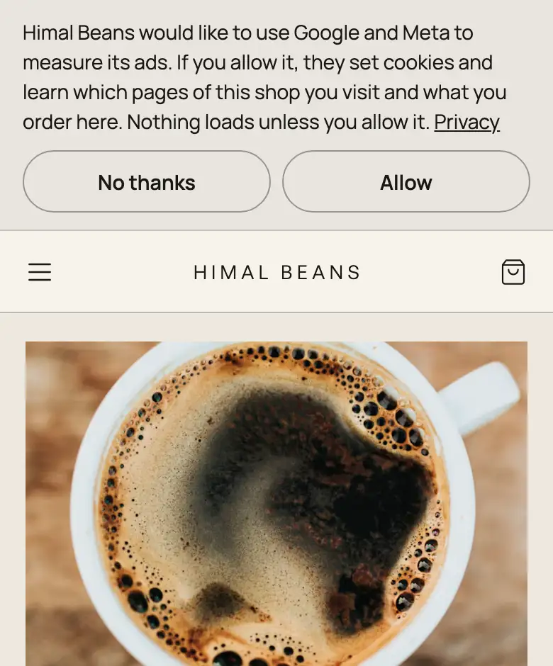 A question at the top of a shop page on a phone: Himal Beans would like to use Google and Meta to measure its ads, with No thanks and Allow