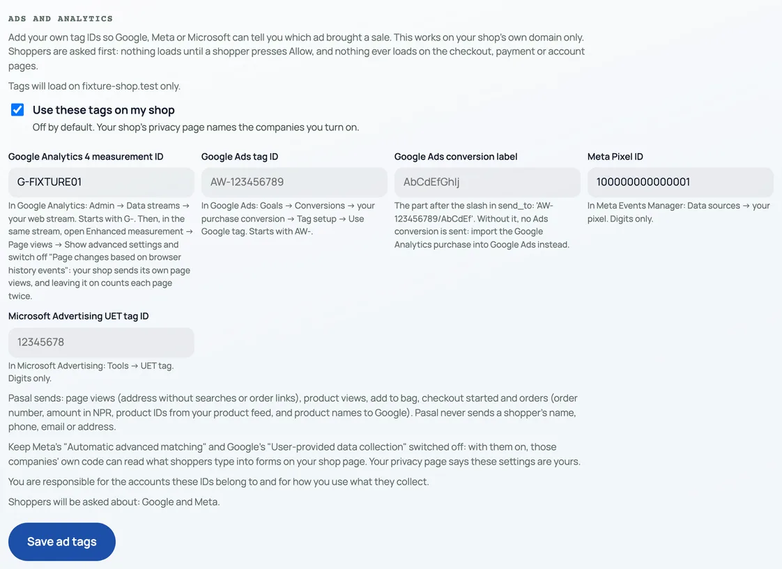 Marketing, Ads and analytics: Use these tags on my shop ticked, boxes for Google Analytics 4, Google Ads, Meta Pixel and Microsoft Advertising IDs with where to find each, and Save ad tags