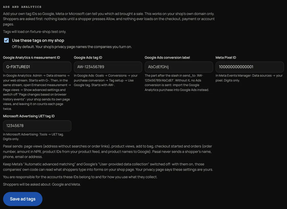 Marketing, Ads and analytics: Use these tags on my shop ticked, boxes for Google Analytics 4, Google Ads, Meta Pixel and Microsoft Advertising IDs with where to find each, and Save ad tags