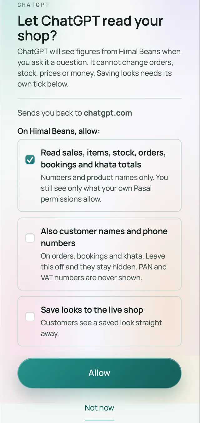 Pasal's allow page: Let ChatGPT read your shop? with ticks for reading figures, customer names and phone numbers, and Draft, publish and undo looks, and an Allow button