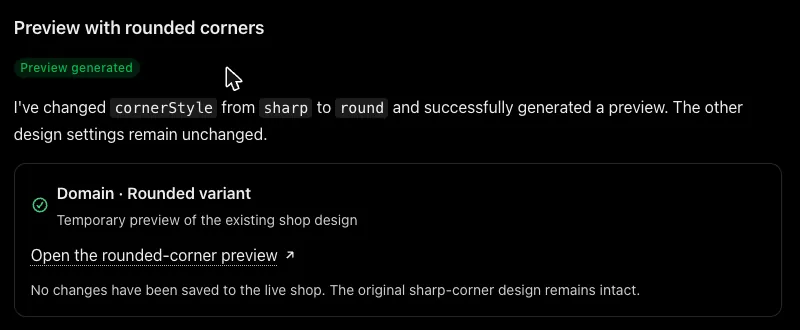 ChatGPT's answer: a preview link for the shop with rounded corners, and a note that nothing was saved to the live shop