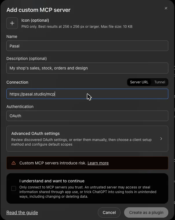 ChatGPT's Add custom MCP server form with Name Pasal, Server URL https://pasal.studio/mcp and Authentication OAuth