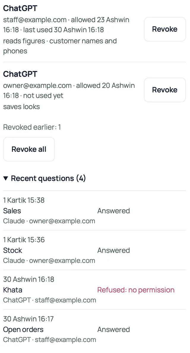 Connected assistants with Revoke buttons, a Revoke all button and a Recent questions list showing Sales, Stock, Khata and Open orders