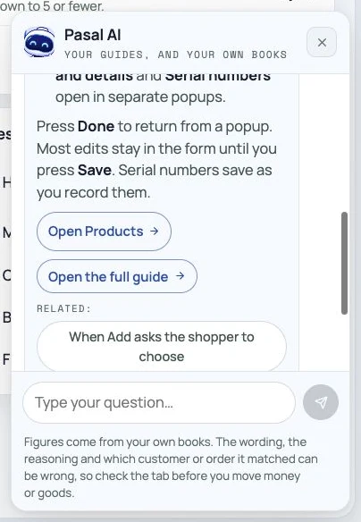 A Pasal AI product guide answer with an Open Products link