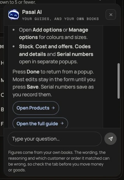 A Pasal AI product guide answer with an Open Products link