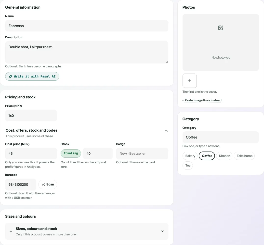 The product editor with a Write it with Pasal AI button under the description box