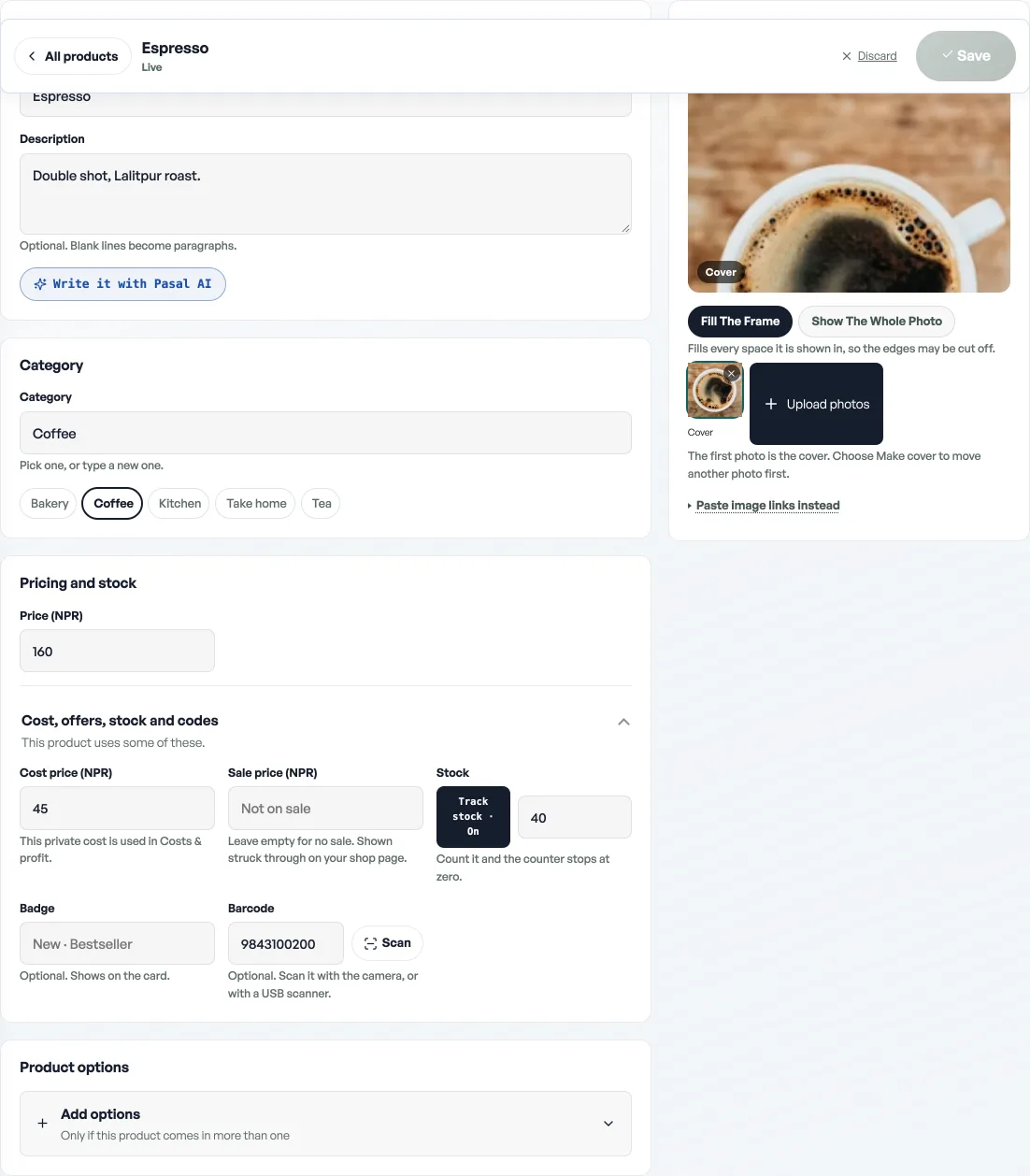 The product editor with a Write it with Pasal AI button under the description box