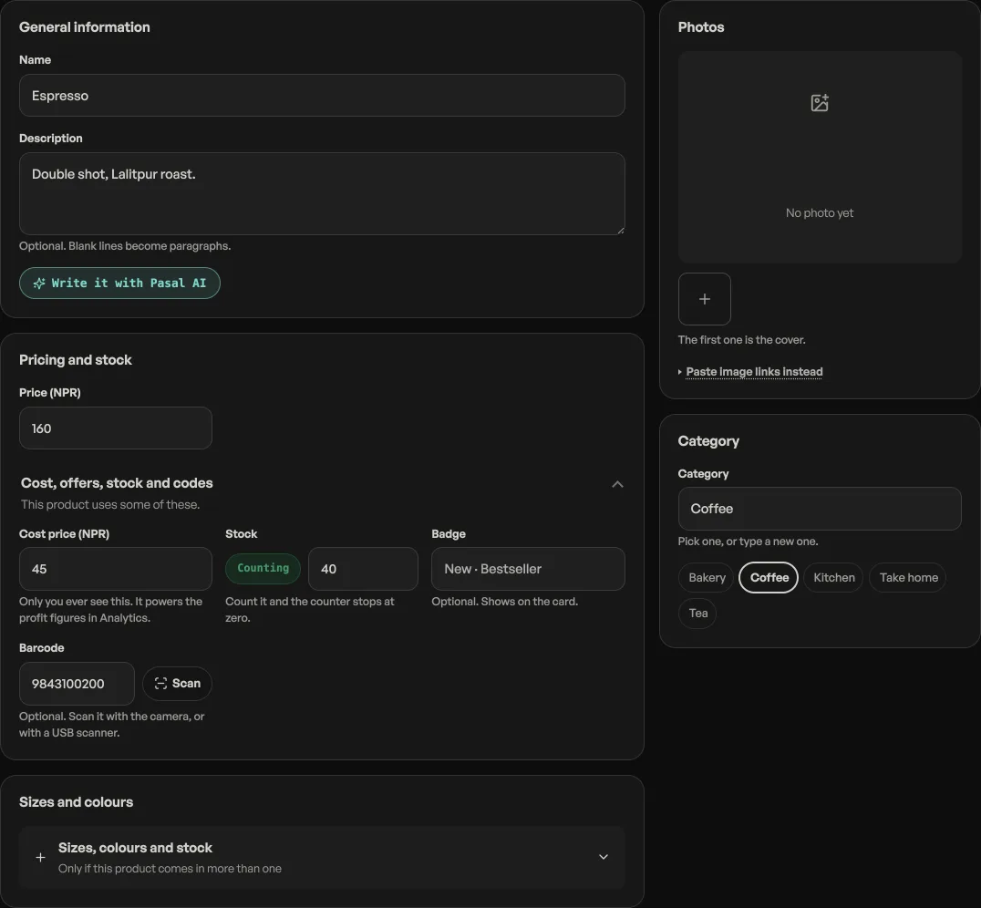 The product editor with a Write it with Pasal AI button under the description box
