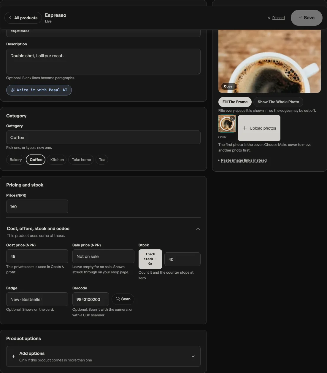 The product editor with a Write it with Pasal AI button under the description box