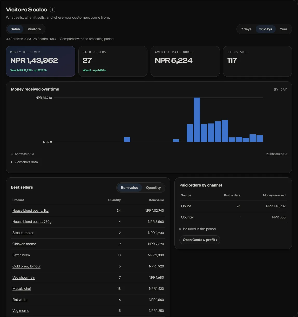 The Visitors & sales tab with visitors, orders and a daily chart