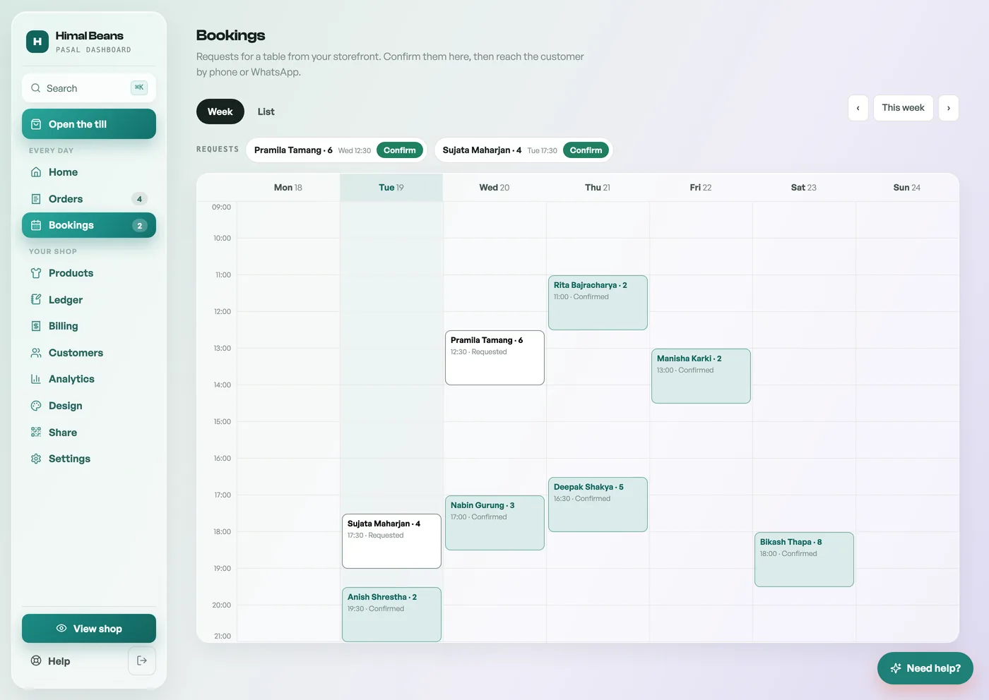 The Bookings tab: pending requests with Confirm buttons above a week calendar of bookings