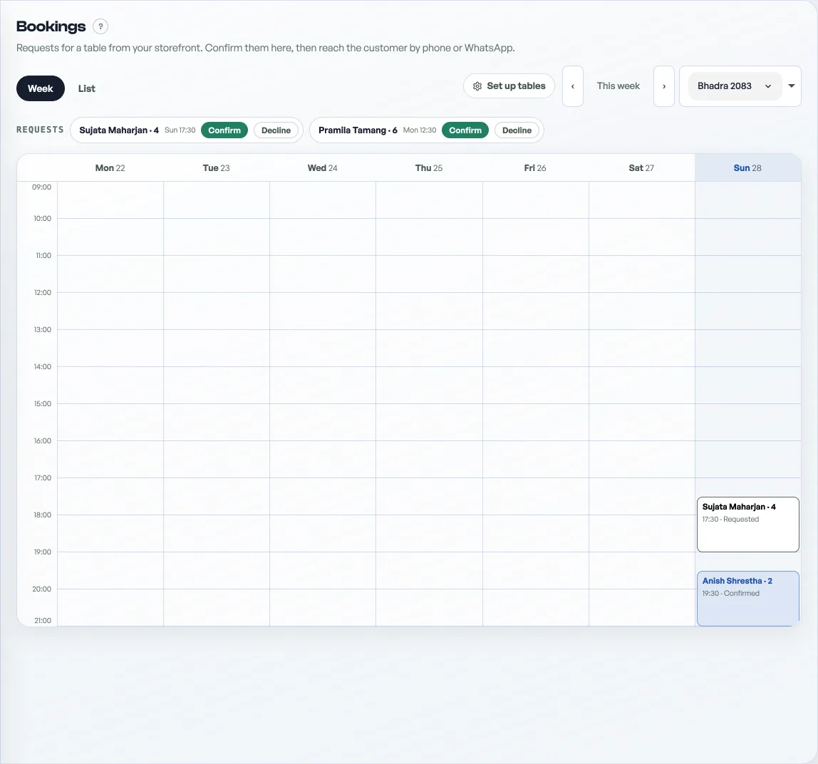 The Bookings tab: pending requests with Confirm buttons above a week calendar of bookings