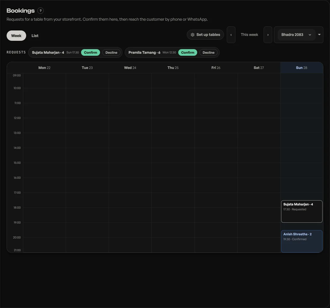 The Bookings tab: pending requests with Confirm buttons above a week calendar of bookings