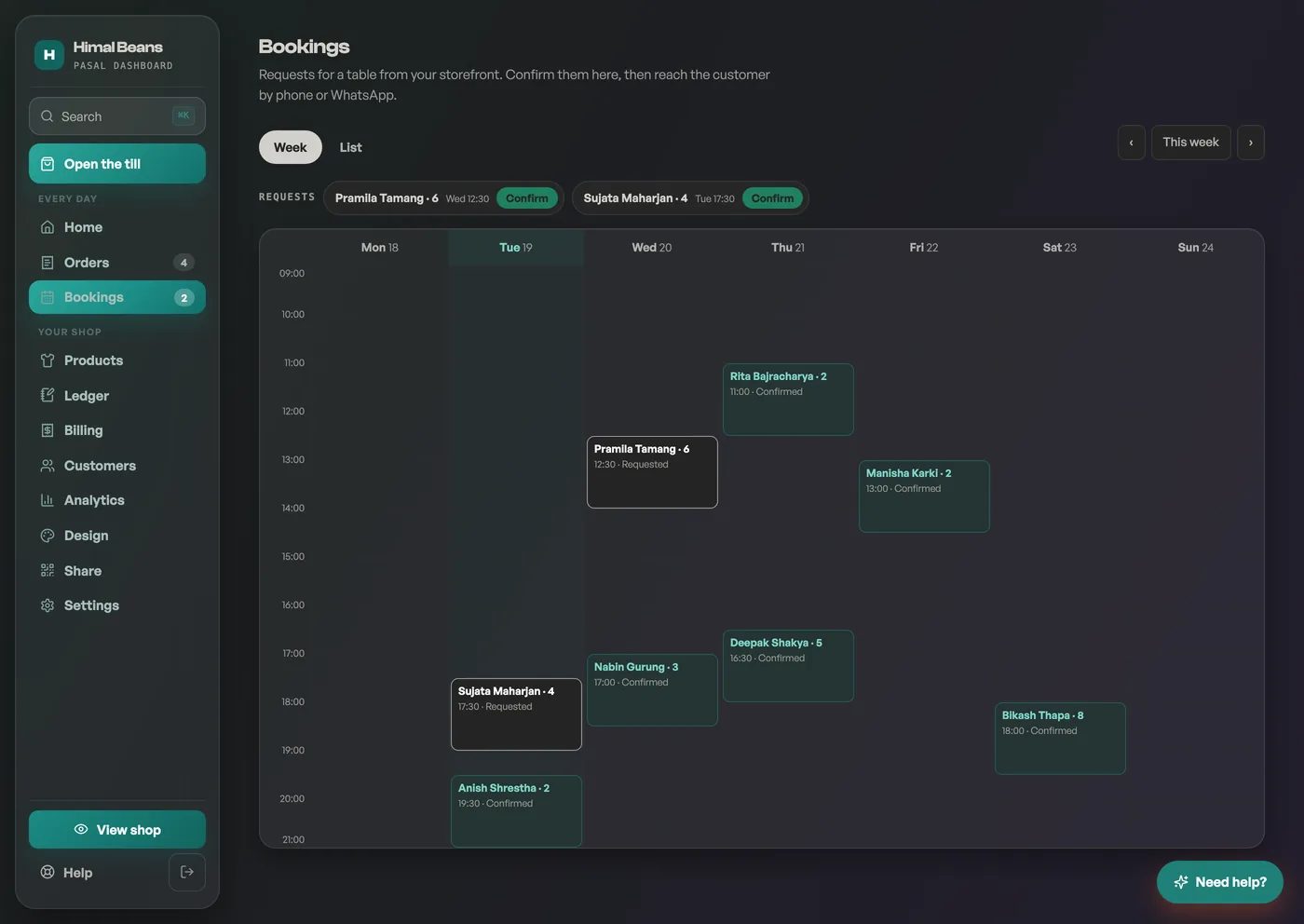 The Bookings tab: pending requests with Confirm buttons above a week calendar of bookings