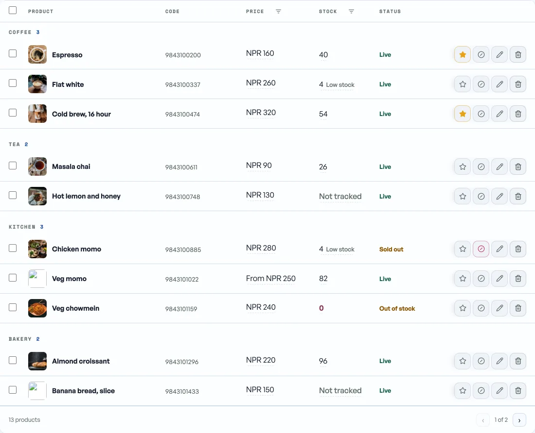 The Products tab with a Cost column: each product shows its cost price and the margin percentage under it