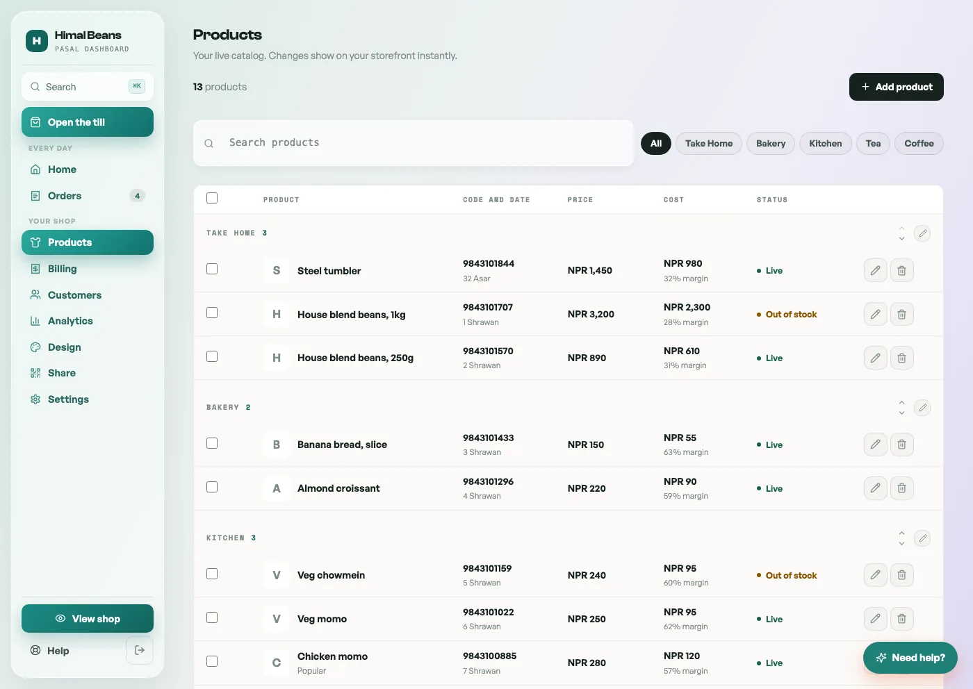 The Products tab with a Cost column: each product shows its cost price and the margin percentage under it
