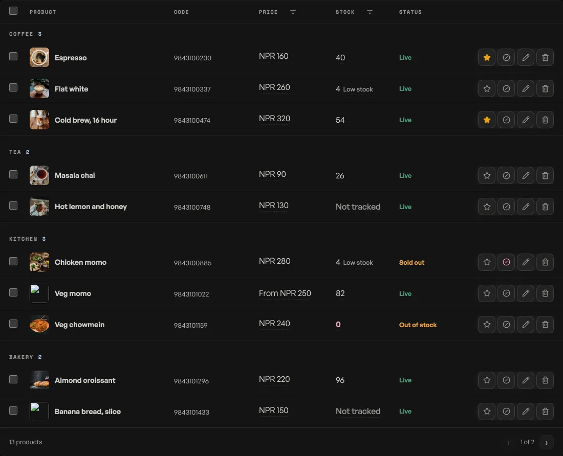The Products tab with a Cost column: each product shows its cost price and the margin percentage under it