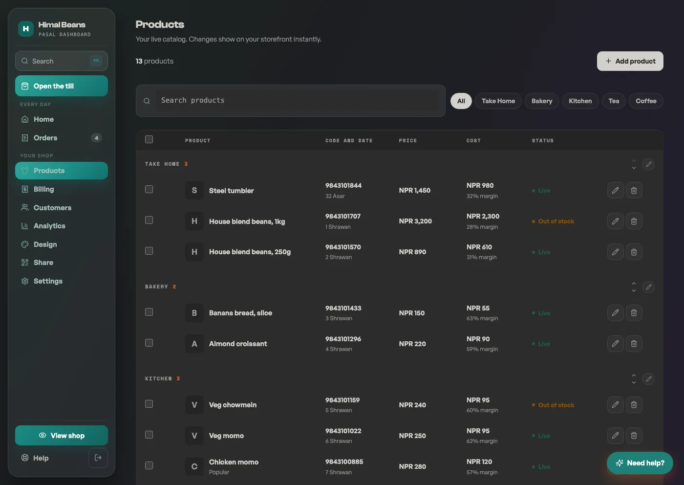 The Products tab with a Cost column: each product shows its cost price and the margin percentage under it