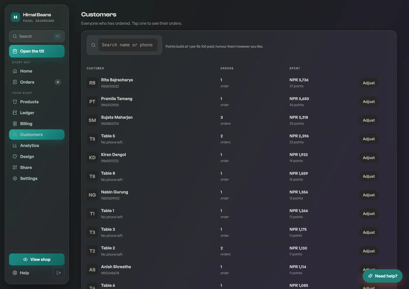 The Customers tab with the search box and customer rows showing orders, spend and points