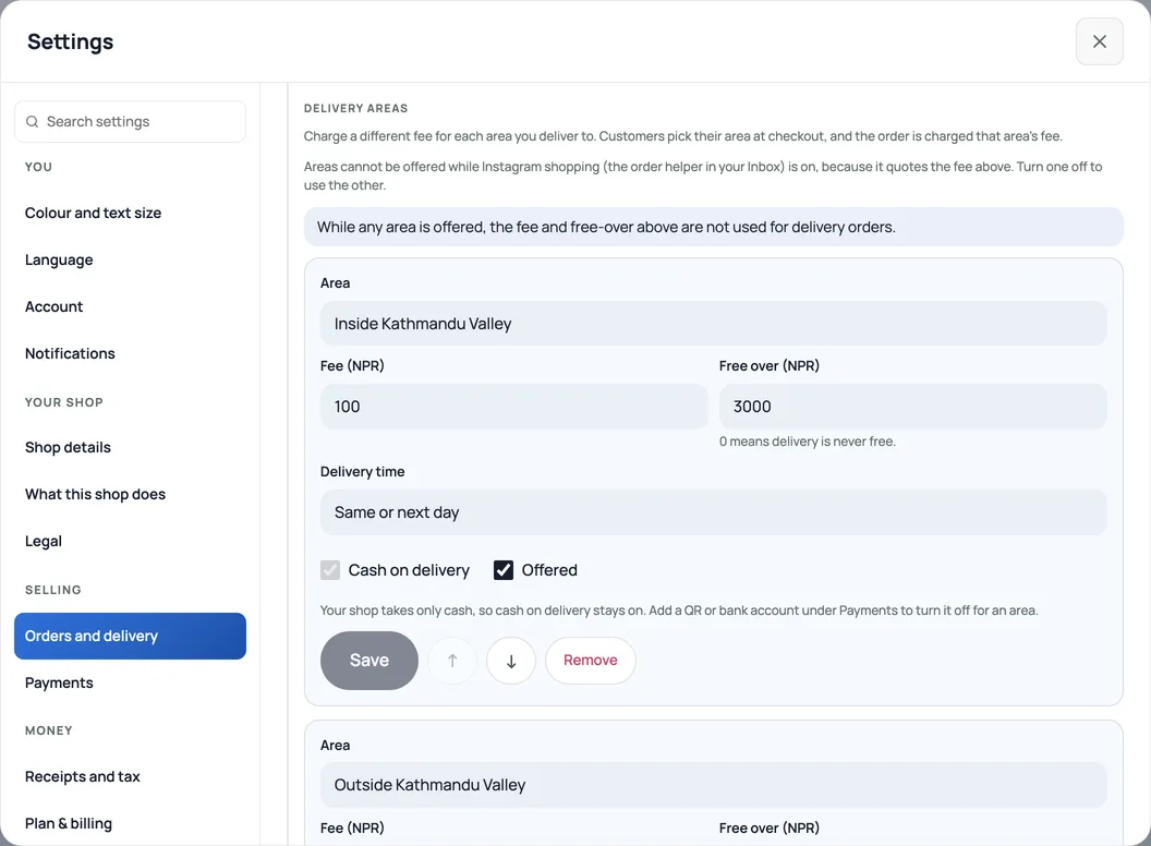 Settings, Orders and delivery, Delivery areas: an area named Inside Kathmandu Valley with fee 100, free over 3000, delivery time Same or next day, Cash on delivery and Offered ticked, and Save, move and Remove buttons