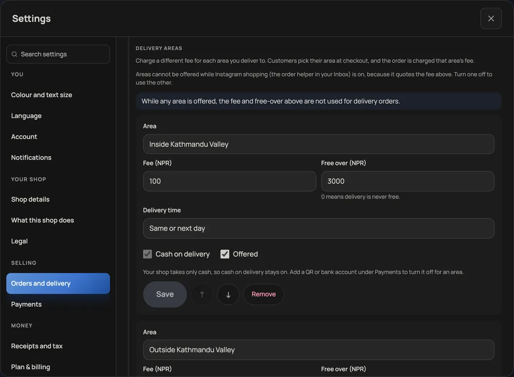 Settings, Orders and delivery, Delivery areas: an area named Inside Kathmandu Valley with fee 100, free over 3000, delivery time Same or next day, Cash on delivery and Offered ticked, and Save, move and Remove buttons