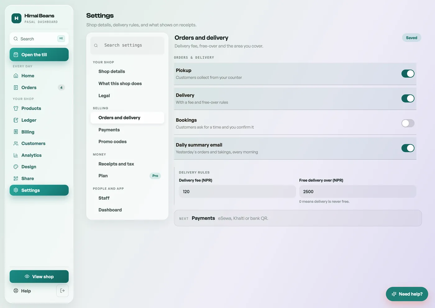The Orders and delivery pane: pickup, delivery and bookings switches with the delivery fee and free-over fields