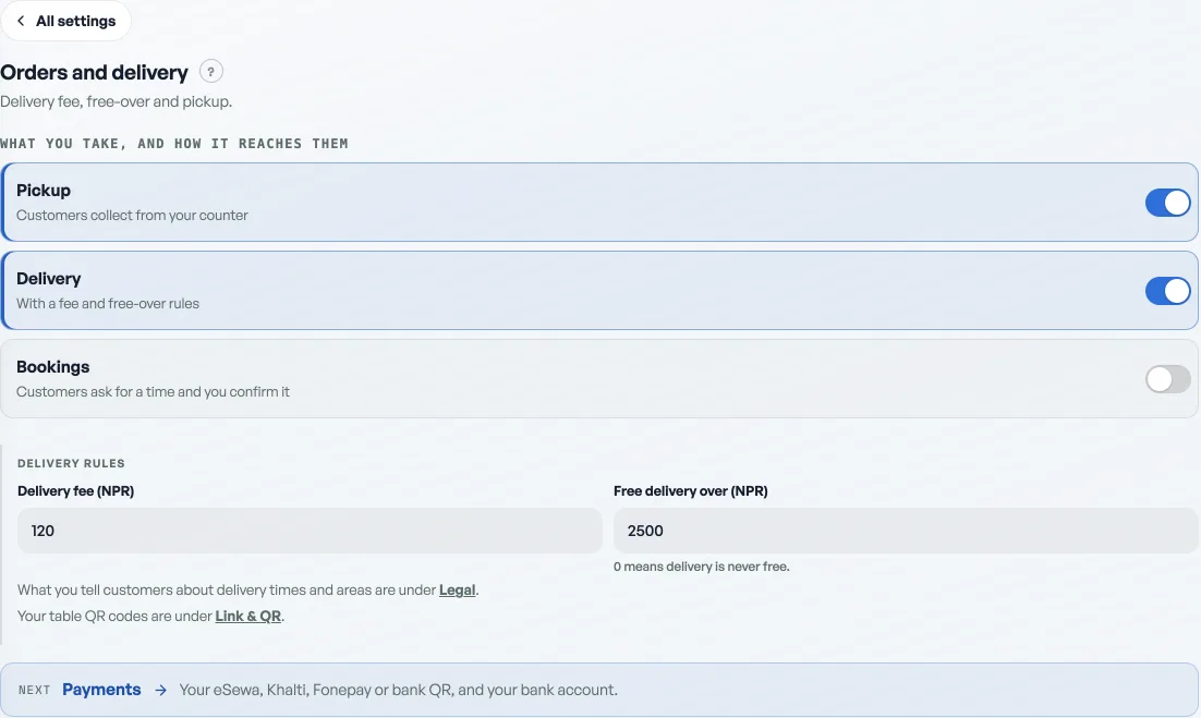 The Orders and delivery pane: pickup, delivery and bookings switches with the delivery fee and free-over fields