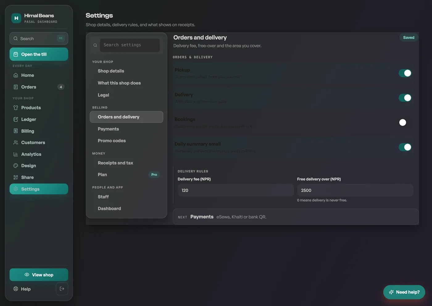 The Orders and delivery pane: pickup, delivery and bookings switches with the delivery fee and free-over fields