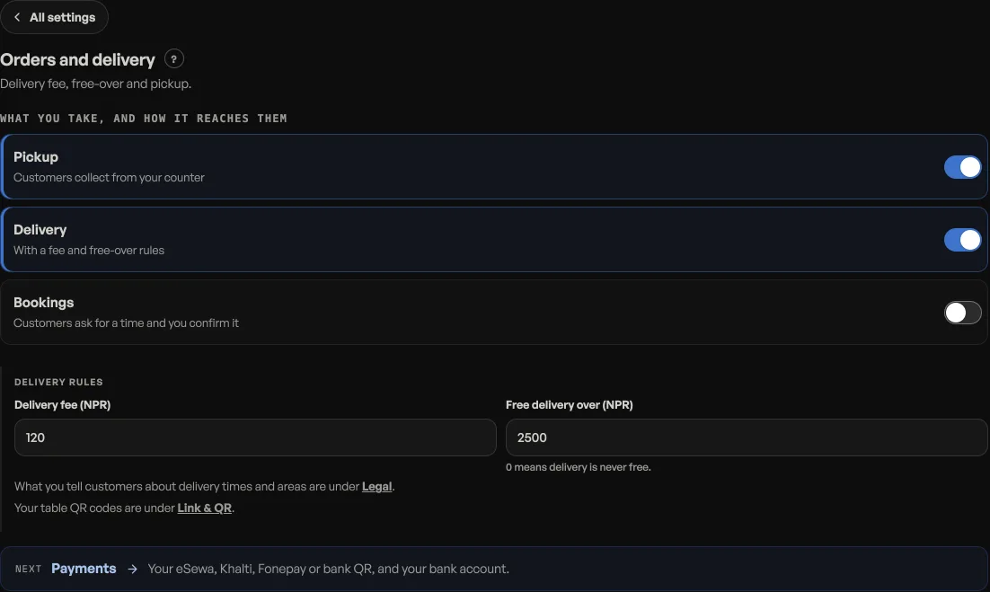 The Orders and delivery pane: pickup, delivery and bookings switches with the delivery fee and free-over fields