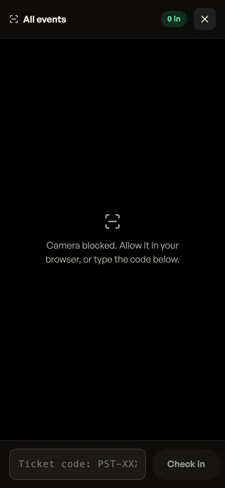 The phone door scanner with the camera blocked and a box to type the ticket code