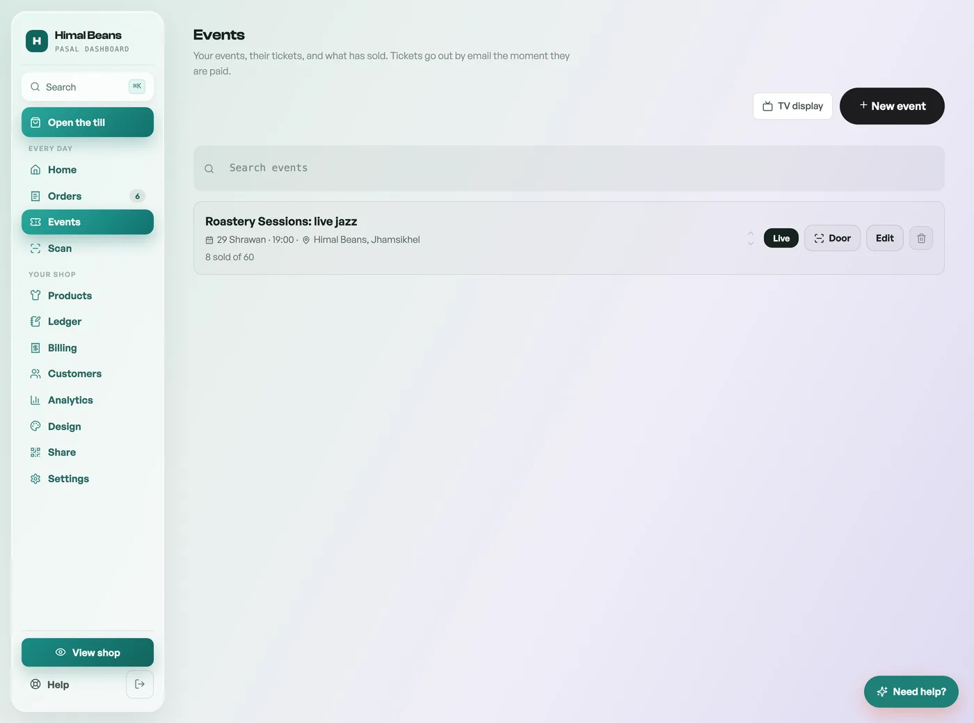 The Events tab listing live events with tickets sold