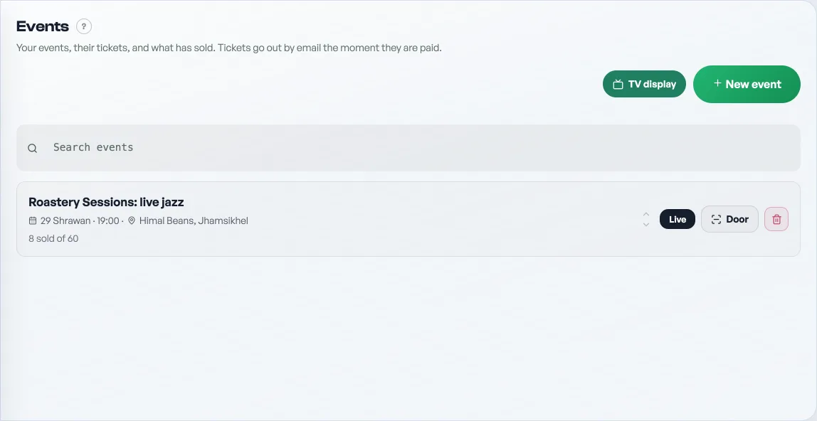 The Events tab listing live events with tickets sold
