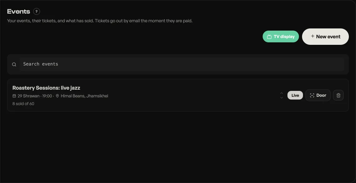 The Events tab listing live events with tickets sold