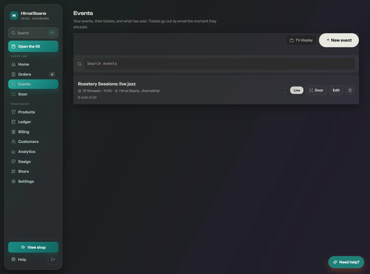 The Events tab listing live events with tickets sold