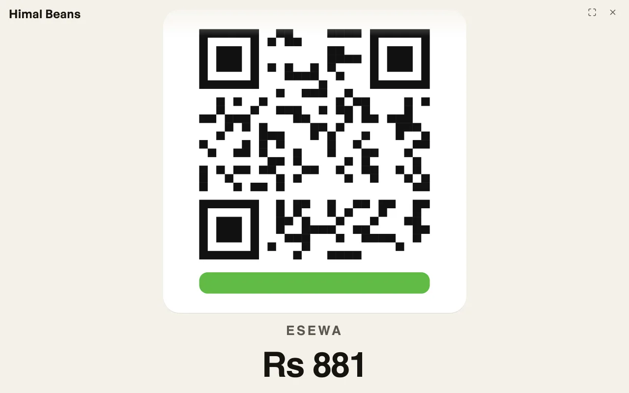 The customer screen on Please pay, with an eSewa QR and the amount
