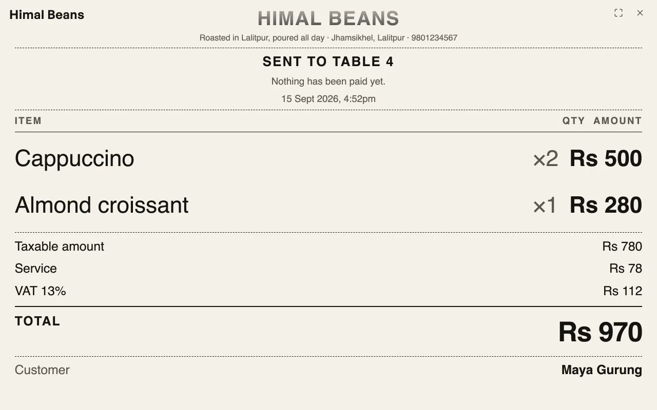 The customer screen headed Sent to Table 4, Nothing has been paid yet, with Maya Gurung's cappuccinos and croissant