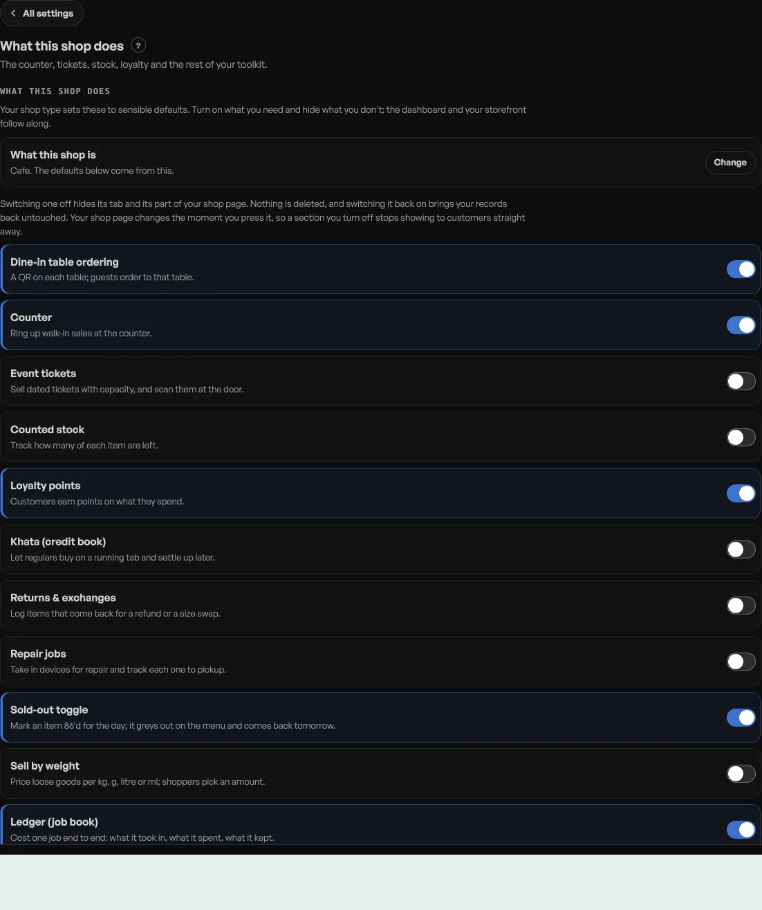 Shop profile, What this shop does, with a switch for each feature