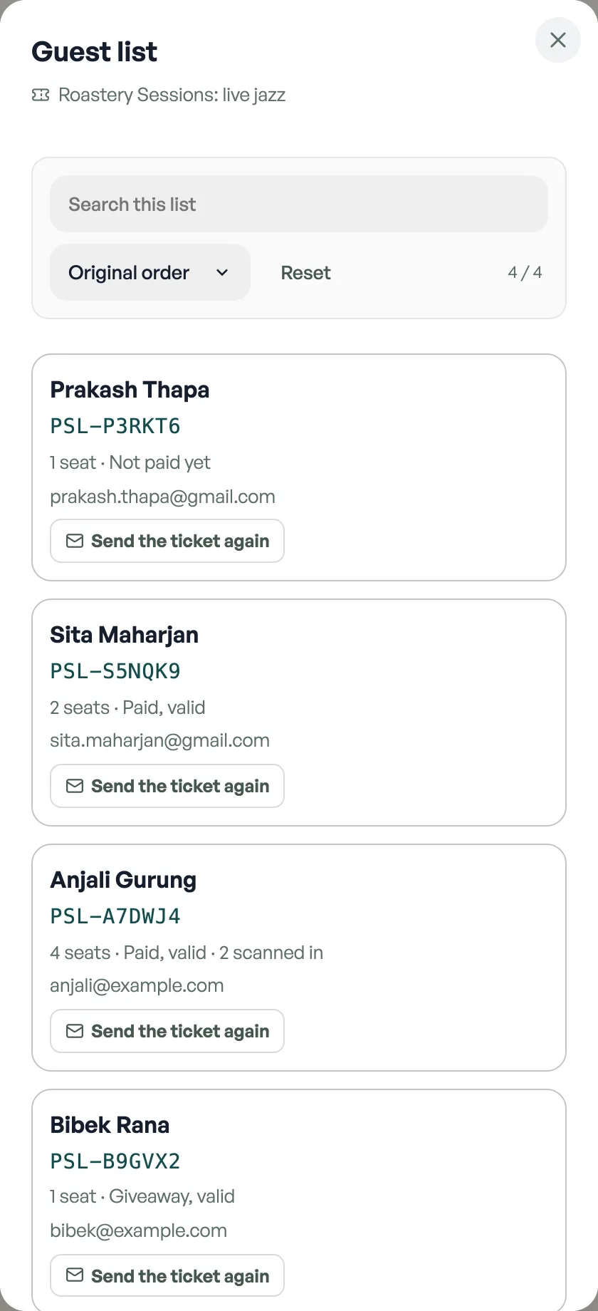 The guest list for an event in Pasal. Four ticket holders, each with their ticket code, how many seats they hold and whether they have paid: one not paid yet, one paid and valid, one paid with two of four seats already scanned in, and one giveaway ticket. Each has a button to send the ticket again.