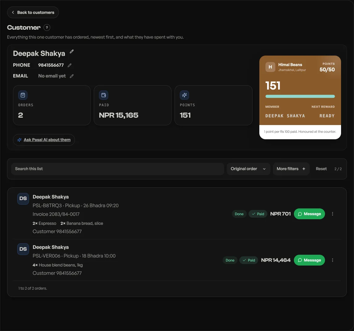 One customer's full order history with the totals and points banner above