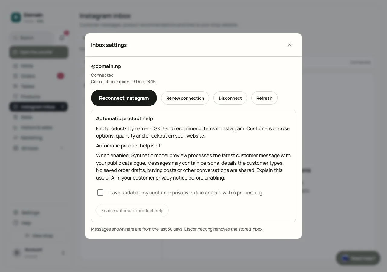 Example Inbox settings popup showing a connected shop account, connection controls and the automatic product help privacy acknowledgment