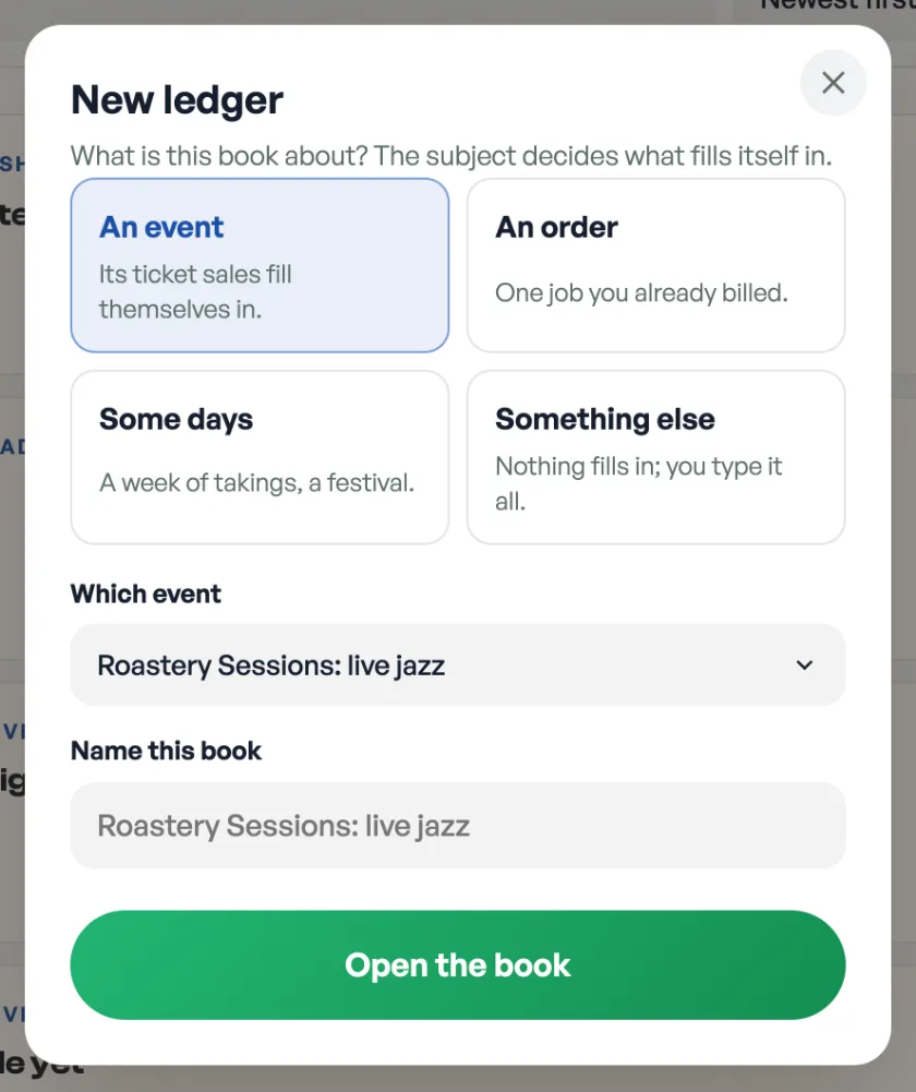 The New ledger sheet: An event, An order, Some days, Something else