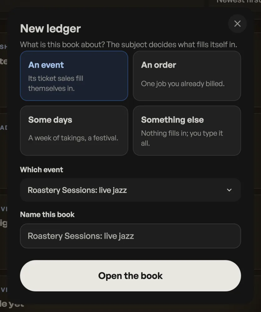 The New ledger sheet: An event, An order, Some days, Something else