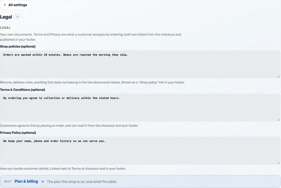 The Legal pane on Shop profile, with Shop policies at the top