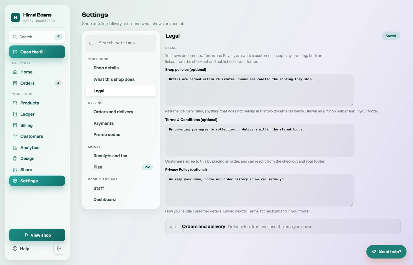 The Legal pane in Settings