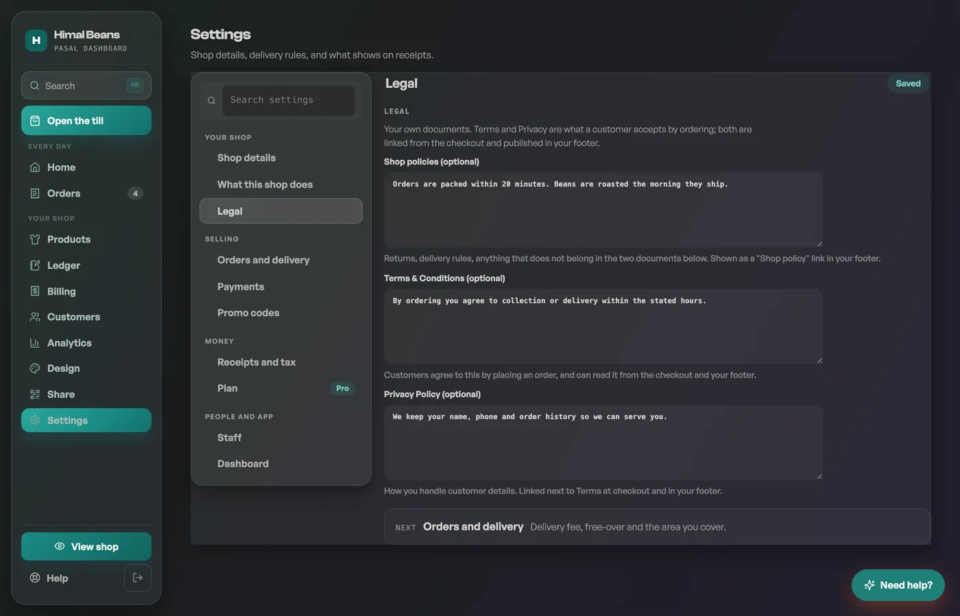 The Legal pane in Settings