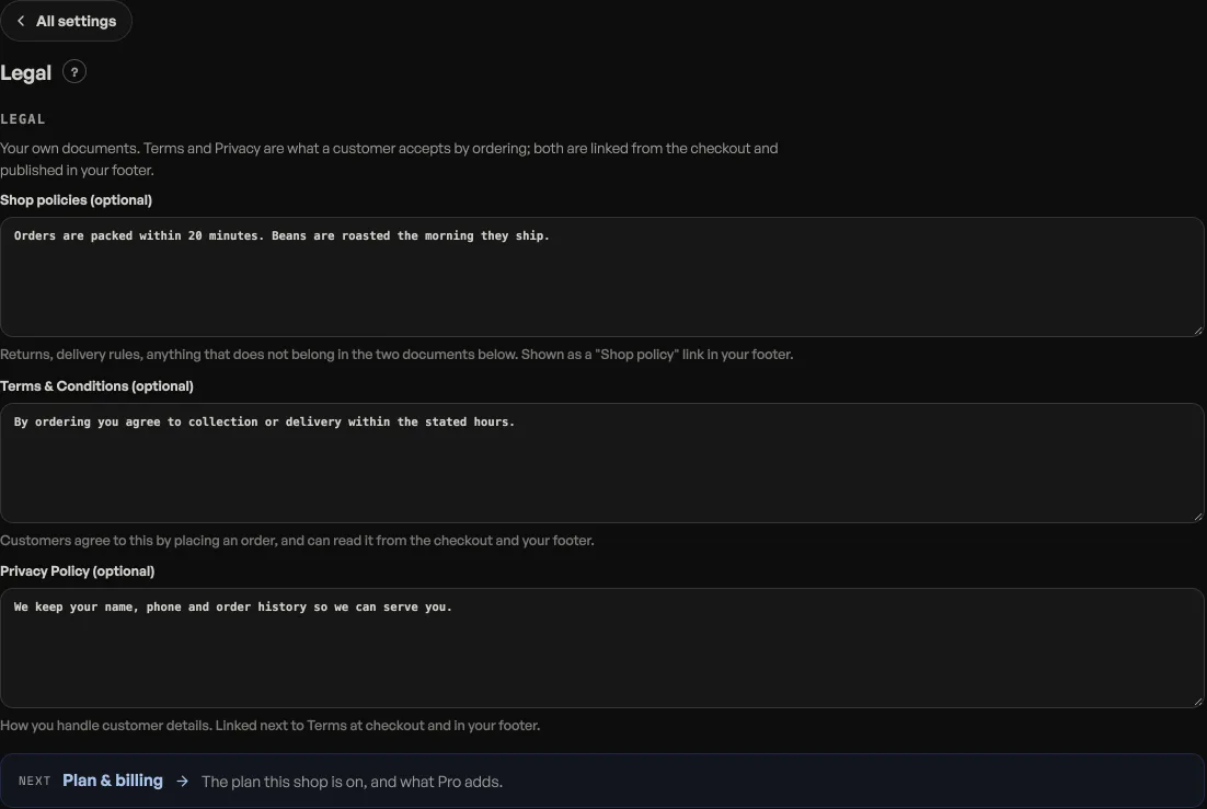 The Legal pane on Shop profile, with Shop policies at the top