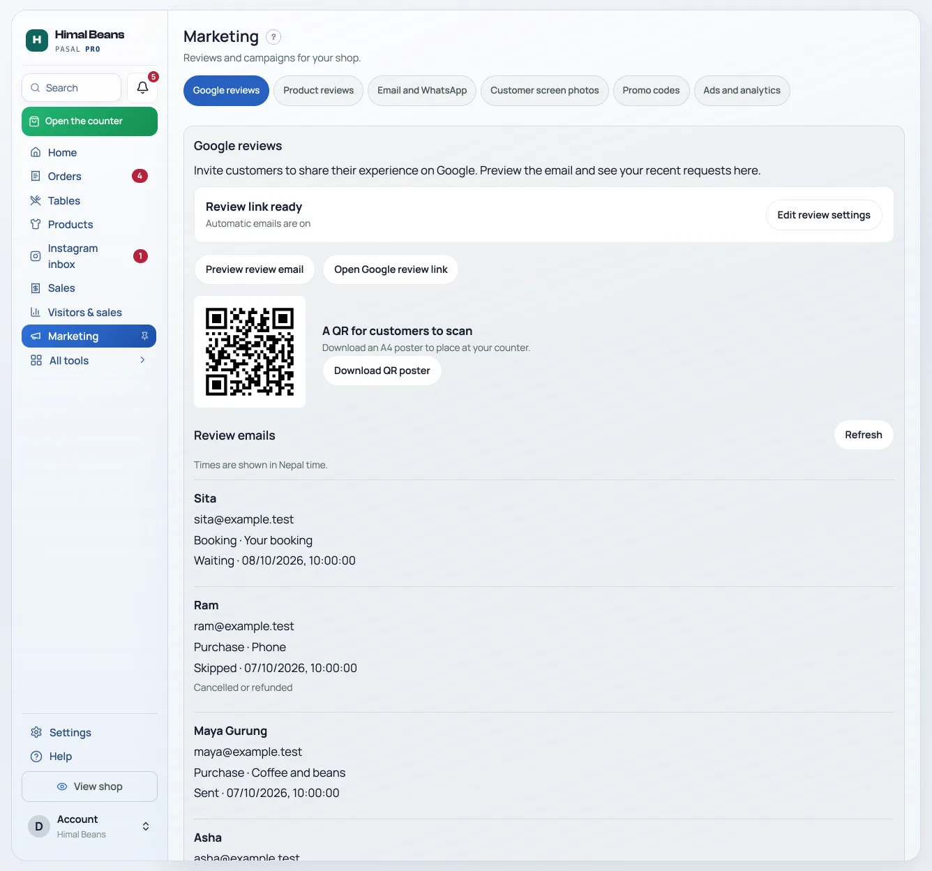 Marketing on its Google reviews tab: review link ready, the review QR with Download QR poster, and recent review emails; tabs for Product reviews, Email and WhatsApp, Customer screen photos, Promo codes and Ads and analytics
